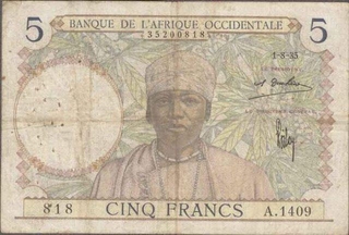 Five Francs Bank Note of French West Africa of 1935.