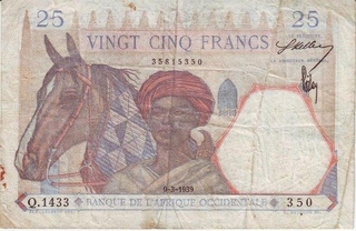 Twenty Five  Francs Bank Note Of French West Africa of 1939.