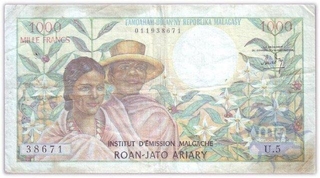 Thousand Mille Francs Bank Note of Madagascar of 1966.