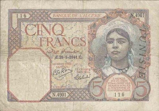 Five  Francs Bank Note of Algeria of Tunisie.