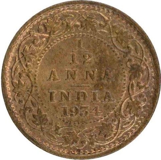 Bronze One Twelfth Anna Coin of King George V of Calcutta Mint of 1934.