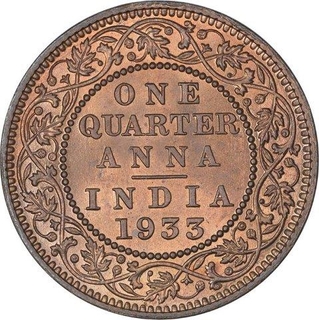 Bronze One Quarter Anna Coin of King George V of Calcutta Mint of 1933.