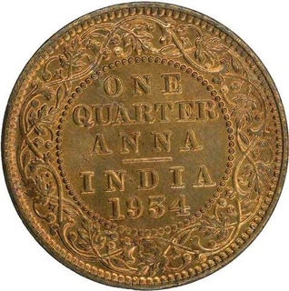 Bronze Quarter Anna Coin of King George V of Calcutta Mint of 1934.