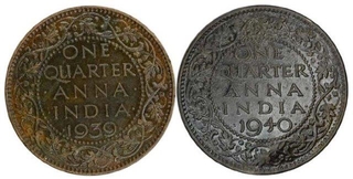 Bronze One Quarter Anna Coins of King George VI of Bombay Mint of Different Year.