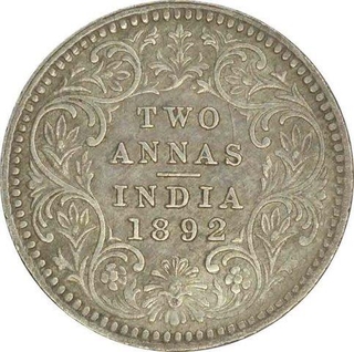 Silver Two Annas Coin of Victoria Empress of Calcutta Mint of 1892.