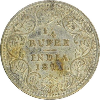 Silver Quarter Rupee Coin  of Victoria Empress of Calcutta Mint of 1891.