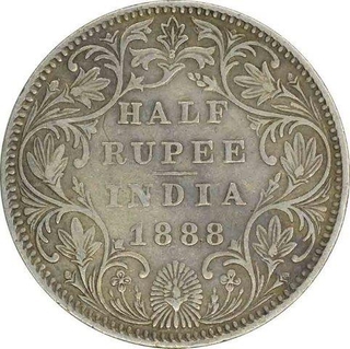 Silver Half Rupee Coin of Victoria Empress of Bombay Mint of 1888.