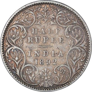 Silver Half Rupee Coin of Victoria Empress of Victoria Empress of Bombay Mint of 1892.