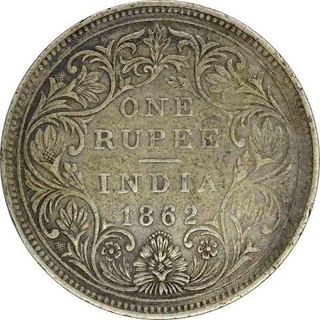 Silver One Rupee Coin  of Victoria Queen of Bombay Mint of 1862.