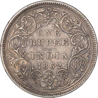 Silver One Rupee Coin of Victoria Queen of Bombay Mint of 1862.