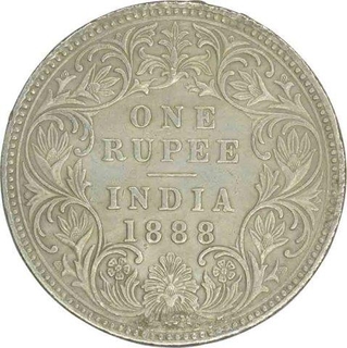 Silver One Rupee Coin  of Victoria Empress of Bombay Mint of 1888.