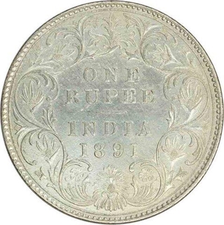 Silver One Rupee Coin of Victoria Empress of Bombay Mint of 1891.