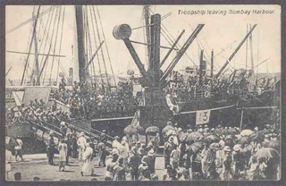 Picture post card of Troopship leaving Bombay Harbour.