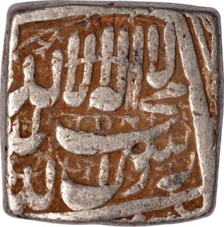 Silver Square Rupee Coin of Akbar of out of flan Mint.