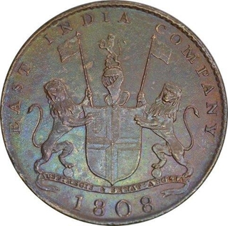 Copper Ten Cash Coin of Soho Mint of of Madras Presidency of  the year 1808.