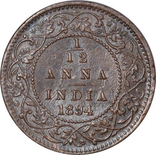 Copper One Twelfth Anna Coin of Victoria Empress of Calcutta Mint of 1894.