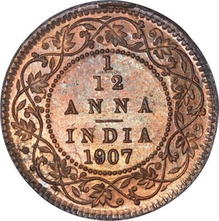 Bronze One Twelfth Anna Coin of King Edward VII of Calcutta Mint of 1907.