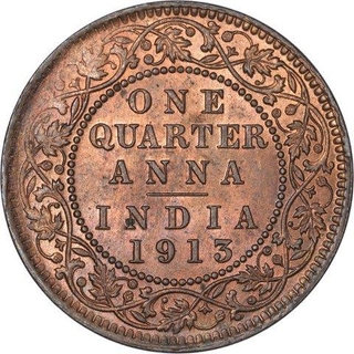 Bronze One Quarter Anna Coin of King George V of Calcutta Mint of 1913.