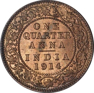 Bronze One Quarter Anna Coin of King George V of Calcutta Mint of 1914.