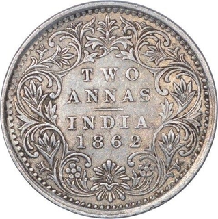 Slver Two Annas Coin of Victoria Queen of Bombay Mint of 1862.