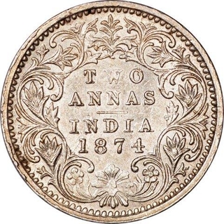 Silver Two Annas Coin of Victoria Queen of Bombay Mint of 1874.