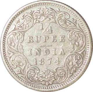 Silver  Quarter Rupee Coin of Victoria Queen of Bombay Mint of 1874.