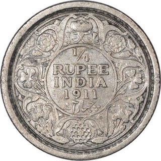 Silver Quarter Rupee Coin of King George V of  Calcutta Mint of 1911.