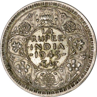 Silver Quarter Rupee Coin  of King George VI of Bombay Mint of 1945.