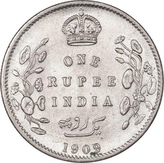 Silver One Rupee Coin of King Edward VII of Calcutta Mint of 1909.