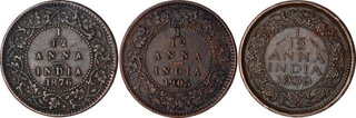 One Twelfth Anna Coins of Different Ruler of Different Mint of Different Year.