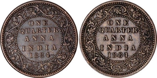 One Quarter Anna Coins of Victoria Empress of Calcutta Mint of 1884.