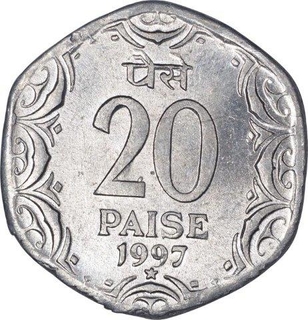 Aluminium Twenty Paise Coin  of Hyderabad Mint of Republic India of the Year 1997.