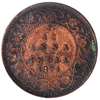 Copper One Twelfth Anna Coin of Victoria Queen of Calcutta Mint of 1874.