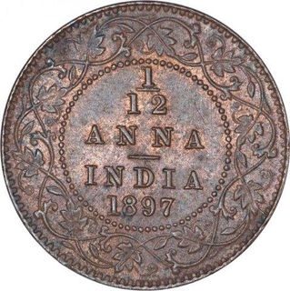 Copper One Twelfth Anna Coin of Victoria Empress of Calcutta  Mint of 1897.