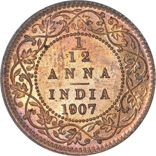 Bronze One Twelfth Anna Coin of King Edward VII of Calcutta Mint of 1907.