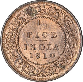 Bronze Half Pice Coin of King Edward VII of Calcutta Mint of 1910.