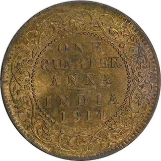 Bronze One Quarter Anna Coin of King George V of Calcutta Mint of 1914.