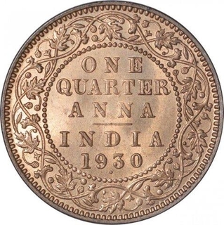 Bronze One Quarter Anna Coin  of King George V of Bombay Mint  of 1930.