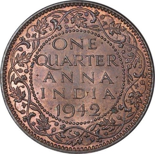 Bronze One Quarter Anna Coin  of King George VI of Calcutta Mint of 1942.