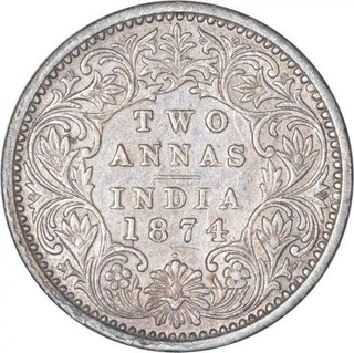 Silver Two Annas Coin of Victoria Queen of Bombay Mint of 1874.