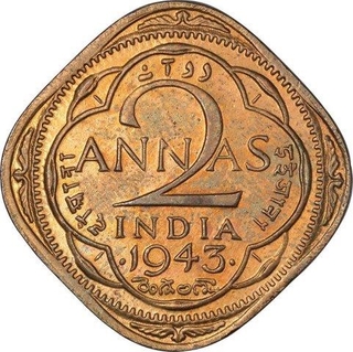 Nickel Brass Two Annas Coin of King George VI of Bombay Mint of 1943.