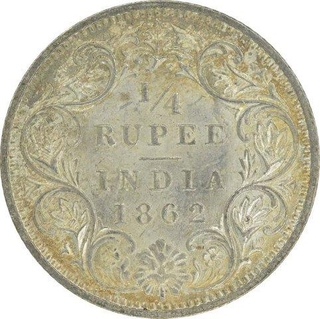 Silver Quarter Rupee Coin of Victoria Queen of Calcutta Mint of 1862.