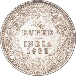 Silver Quarter Rupee Coin  of Victoria Empress of Calcutta Mint of 1882.