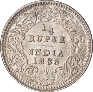 Silver Quarter Rupee Coin of Victoria Empress of Calcutta Mint of 1886.