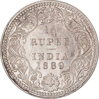 Silver Quarter Rupee Coin of Victoria Empress of Calcutta Mint of 1889.