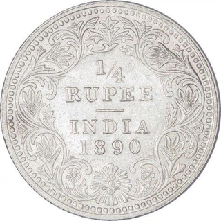 Silver Quarter Rupee Coin  of Victoria Empress of Calcutta Mint of 1890.