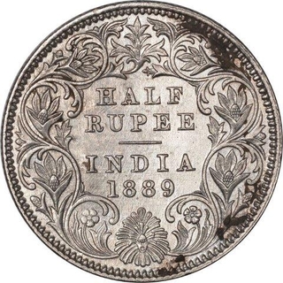 Silver Half Rupee Coin of Victoria Empress of Calcutta Mint of 1889.