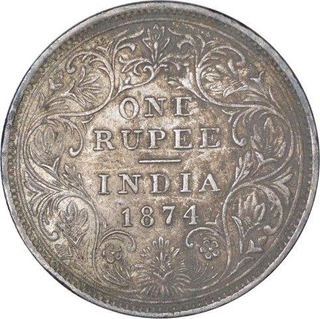 Silver One Rupee coin of Victoria Queen of Bombay Mint 1874.