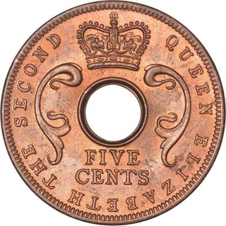 Copper Five Cents Coin of Queen Elizabeth The Second of East Africa.