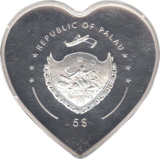 Silver Heart Shaped Five Dollar Coin of Republic of Palau.